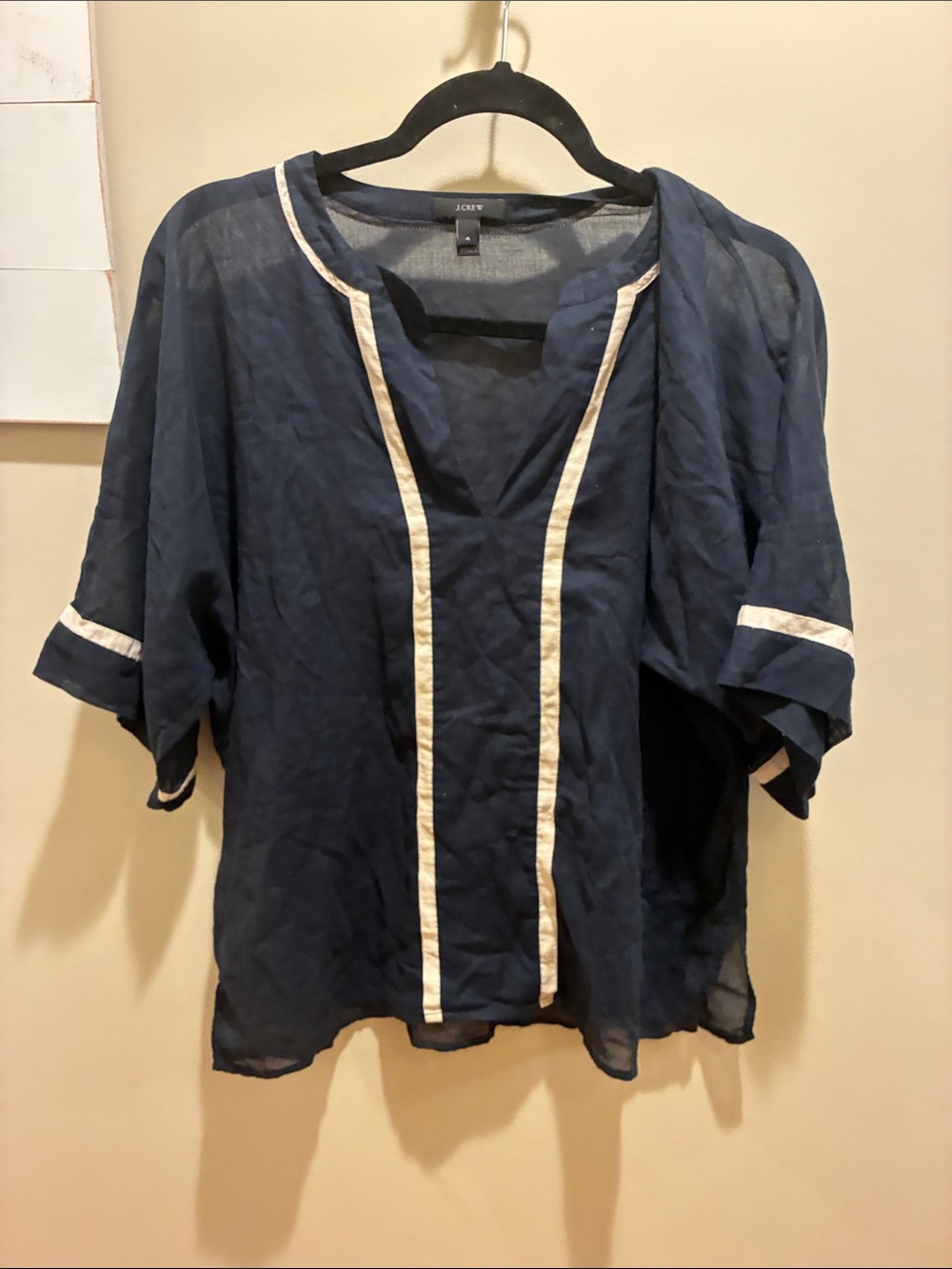 J. Crew Navy Blouse with Cream Trim